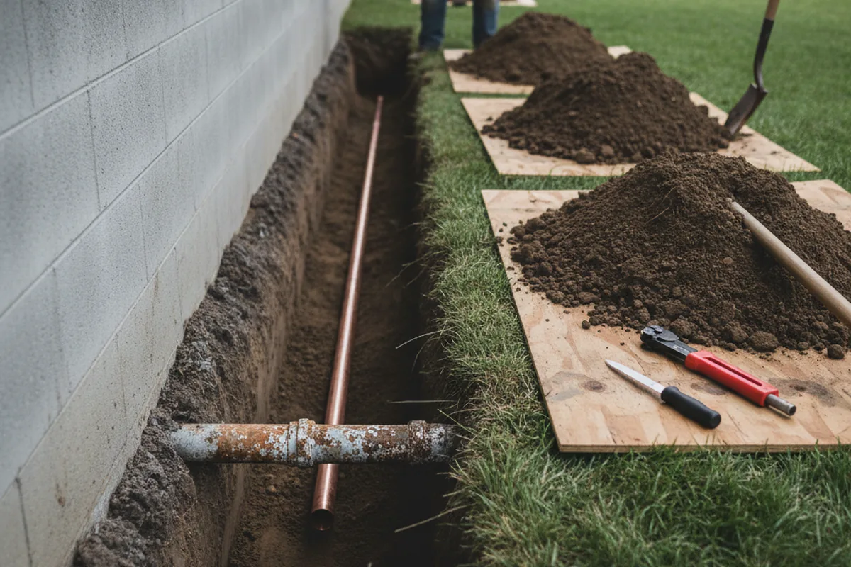 Excavated water line trench during Sewer Line Repair in Roswell